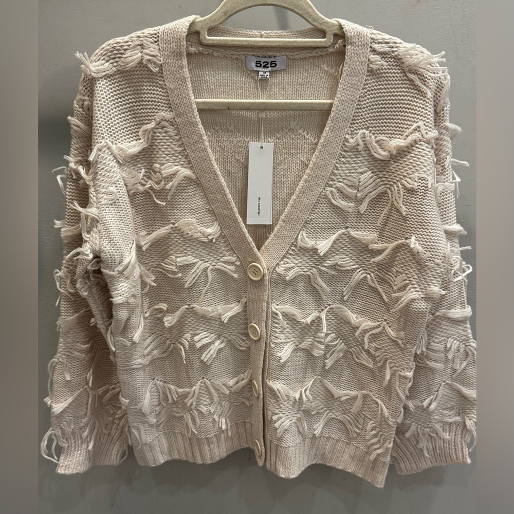 Fringe Cardigan in Bare 525 America Size M Cozy Button Up Sweater NWT